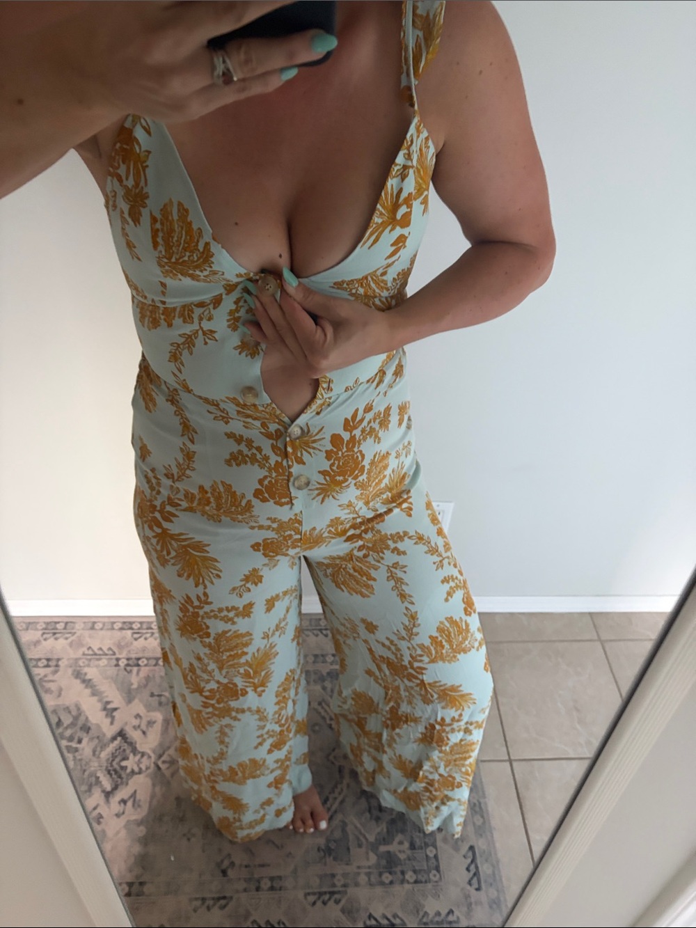 Free People Mint & Mustard Floral Wide-Leg Jumpsuit